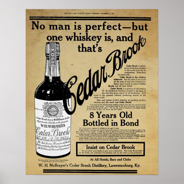 Vintage Cedar Brook Whiskey Bar Print Ad (Front)