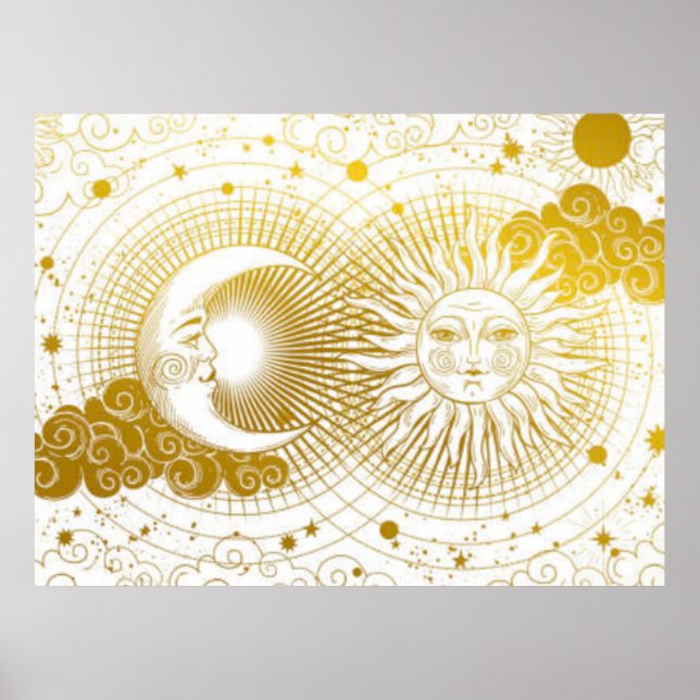 Vintage Celestial Golden Sun & Moon on White Poster (Front)