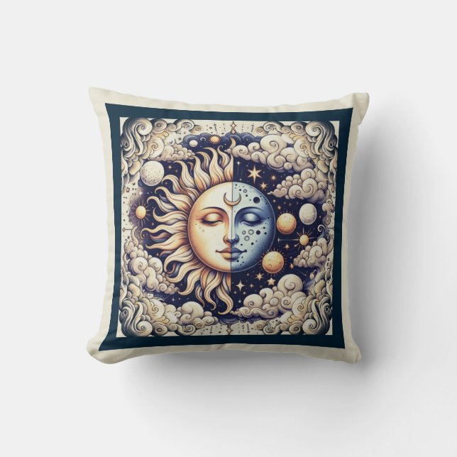 Vintage Celestial Half Sun & Moon Blue Yellow Cushion (Front)