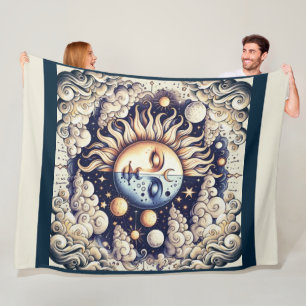 Vintage Celestial Half Sun & Moon Blue Yellow Fleece Blanket