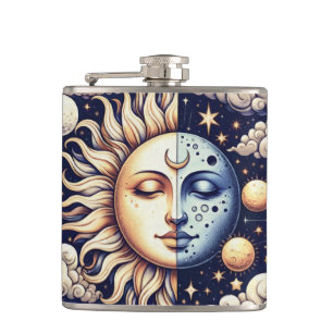 Vintage Celestial Half Sun & Moon Blue Yellow Hip Flask