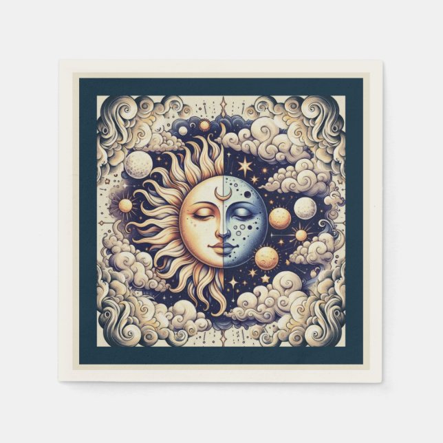 Vintage Celestial Half Sun & Moon Blue Yellow Napkin (Front)