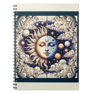 Vintage Celestial Half Sun & Moon Blue Yellow Notebook