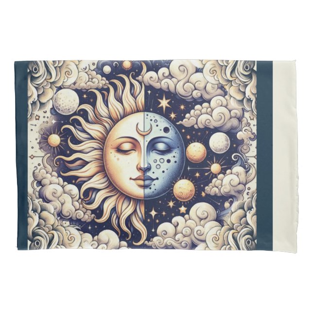Vintage Celestial Half Sun & Moon Blue Yellow Pillowcase (Front)