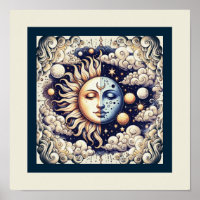 Vintage Celestial Half Sun & Moon Blue Yellow