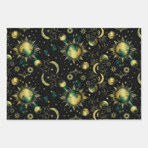 Vintage Celestial Moon and Star Wrapping Paper Sheet