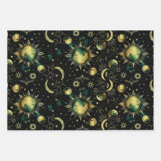 Vintage Celestial Moon and Star Wrapping Paper Sheet