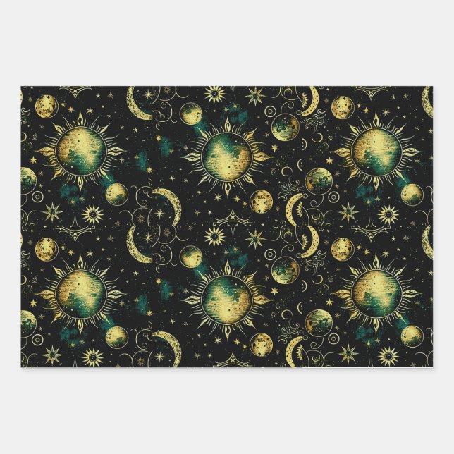 Vintage Celestial Moon and Star Wrapping Paper Sheet (Front)