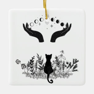 Vintage Celestial Moon Phases Cat Ceramic Ornament