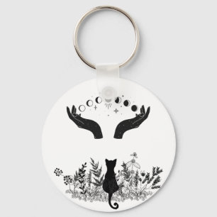 Vintage Celestial Moon Phases Cat Key Ring