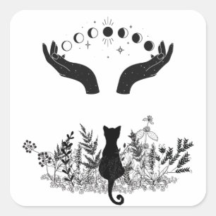 Vintage Celestial Moon Phases Cat Square Sticker