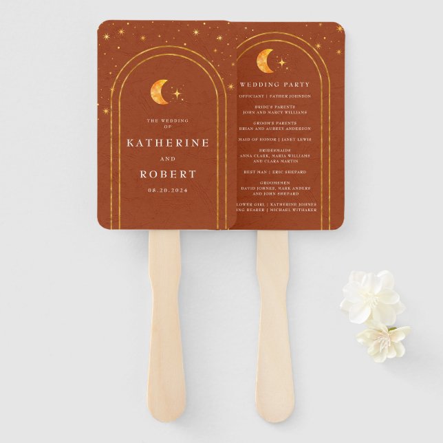 Vintage Celestial Moon Stars Wedding Program Hand Fan (Front and Back)