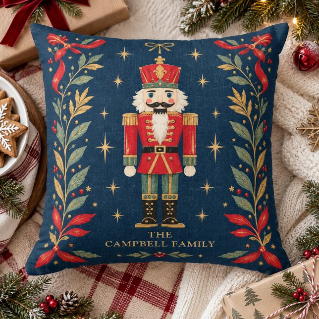 Vintage Celestial Nutcracker Custom Family Name Cushion (Custom holiday pillow featuring a vintage celestial nutcracker soldier on a starry background.)