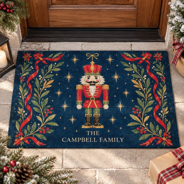 Vintage Celestial Nutcracker Custom Family Name Doormat (Custom family name holiday doormat featuring a vintage celestial nutcracker on a starry night.)