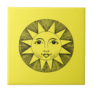 Vintage Celestial Smiling Sun Illustration Tile
