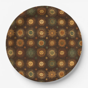 Vintage Celestial Sun Face Pattern Paper Plate