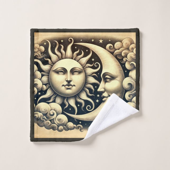 Vintage Celestial Sun & Moon  Bath Towel Set (Wash Cloth)
