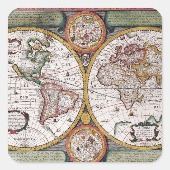 Vintage Celestial World Map with Zodiac Diagrams Square Sticker (Front)