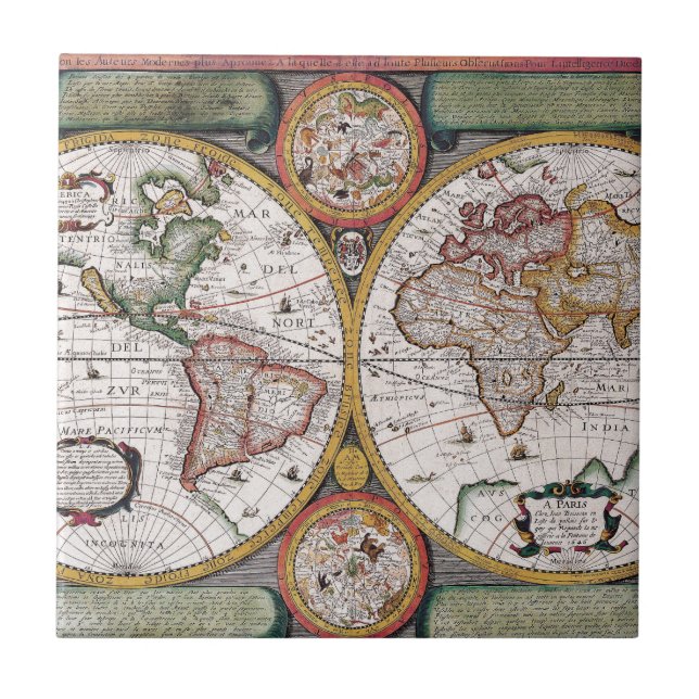 Vintage Celestial World Map with Zodiac Diagrams Tile (Front)