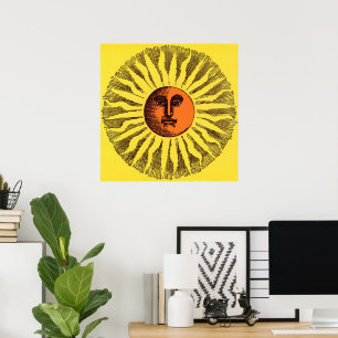Vintage Celestial Yellow Smiling Happy Hippie Sun Poster