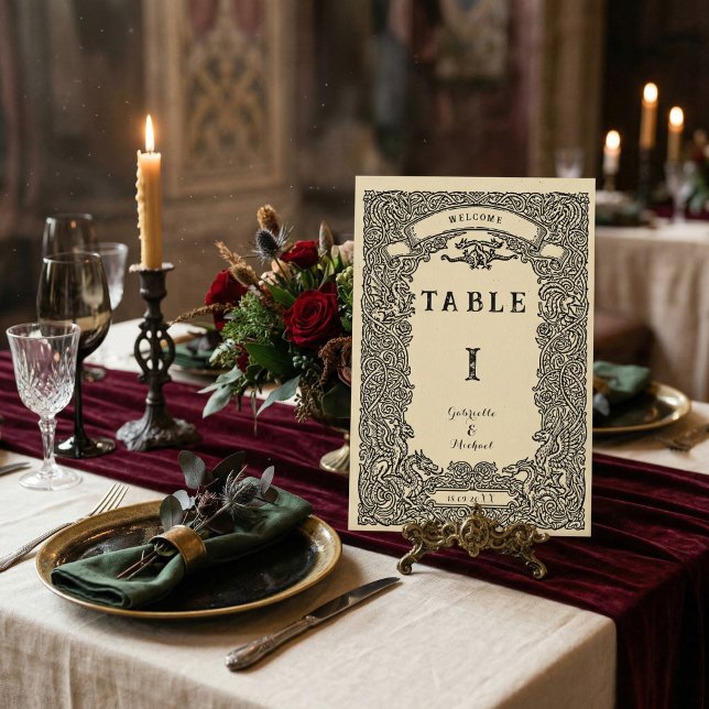 Vintage Celtic Knot Dragon Crest Wedding Table Number (Creator Uploaded)