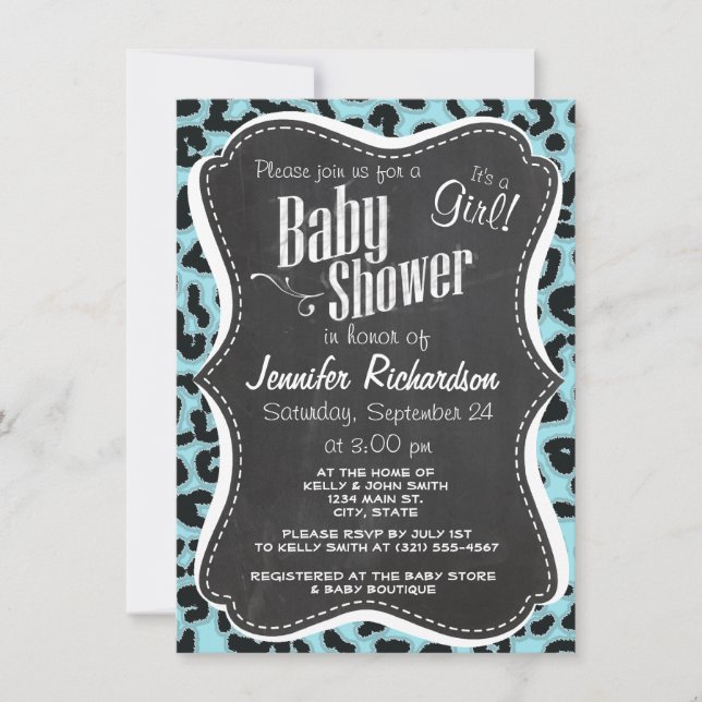 Vintage Chalk Blizzard Blue Leopard Animal Print Invitation (Front)