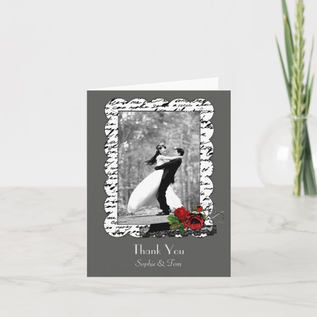 Vintage Chalkboard and Roses Wedding Thank You Card (Front)