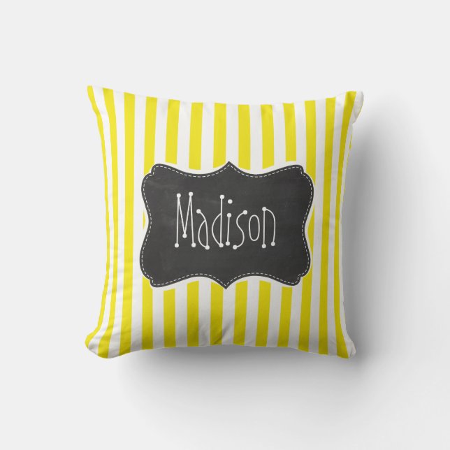 Vintage Chalkboard Aureolin Yellow Stripes Cushion (Front)