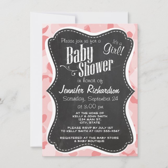 Vintage Chalkboard Baby Pink Camo; Camouflage Invitation (Front)