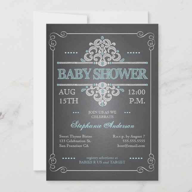 Vintage Chalkboard Baby Shower Boy Blue Invitation (Front)