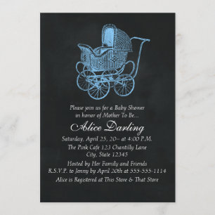 Vintage Chalkboard Blue Baby Carriage Baby Shower Invitation