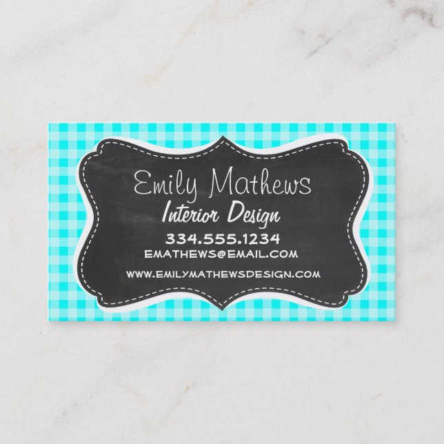 Vintage Chalkboard; Cyan Gingham; Chequered Business Card (Front)