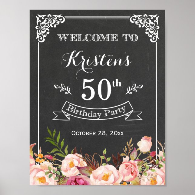 Vintage Chalkboard Floral Birthday Party Sign (Front)