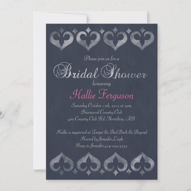 Vintage Chalkboard Hearts Bridal Shower | Navy Invitation (Front)