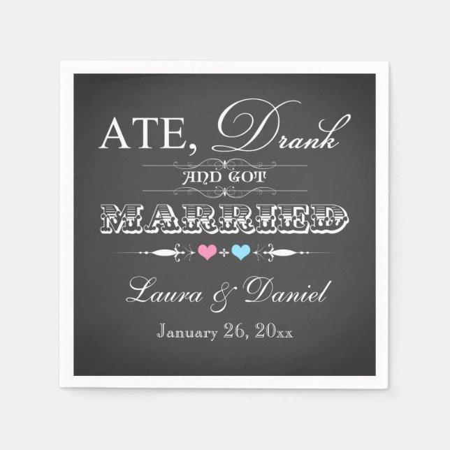 Vintage Chalkboard, Hearts Wedding Napkins (Front)