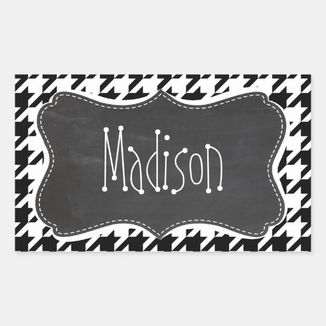 Vintage Chalkboard look; Black & White Houndstooth Rectangular Sticker (Front)