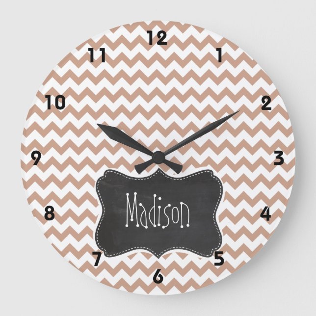 Vintage Chalkboard look; Brown Chevron Pattern Large Clock (Front)