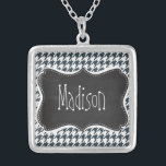 Vintage Chalkboard look Charcoal Colour Houndstoot Silver Plated Necklace<br><div class="desc">You will love this cute, elegant, vintage chalkboard design with Charcoal Colour Houndstooth pattern design! We invite you to our store, Bridal Shower Shop, to view this cool retro blackboard design on many more great customisable products, including girly Bride buttons, modern Wedding stamps, and trendy chalk Bridal Shower invitations! Thank...</div>