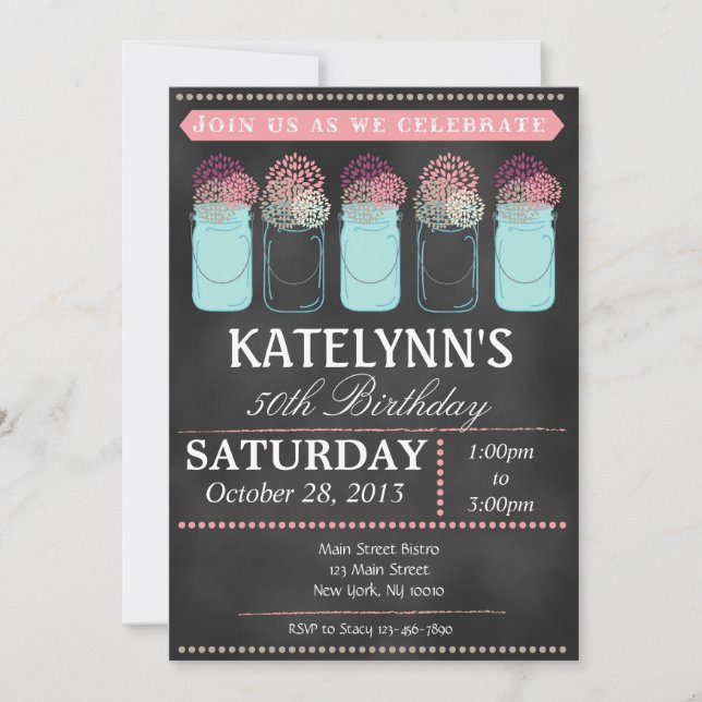 Vintage Chalkboard Mason Jar Birthday Invitation (Front)