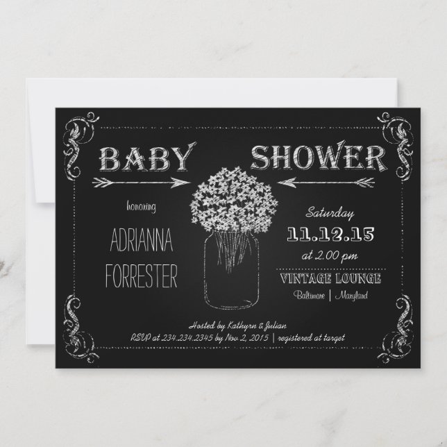 Vintage Chalkboard MasonJar Flowers Baby Shower Invitation (Front)