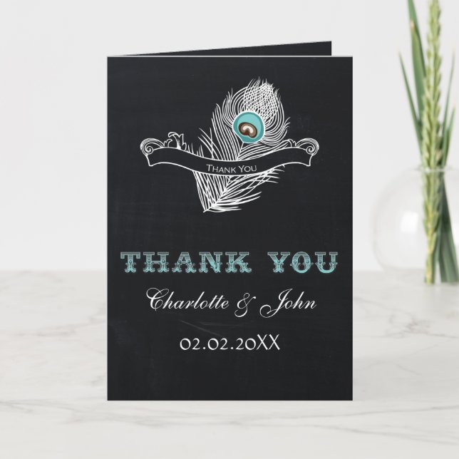 Vintage Chalkboard peacock wedding Thank You Card (Front)