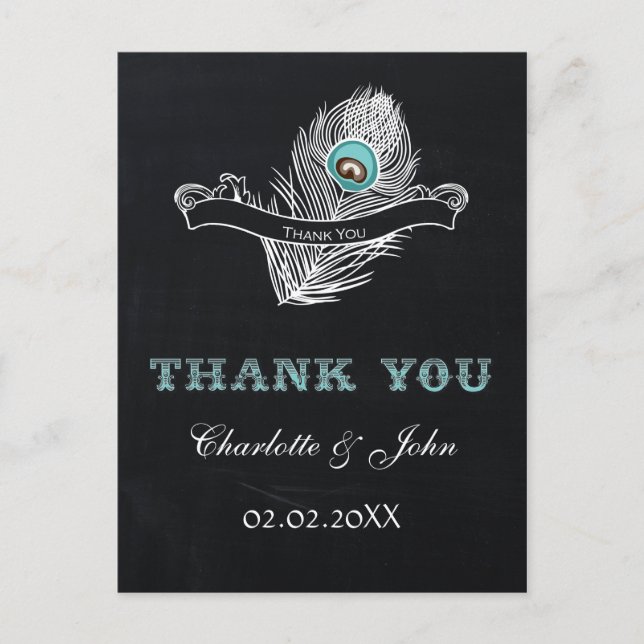 Vintage Chalkboard peacock wedding Thank You Postcard (Front)