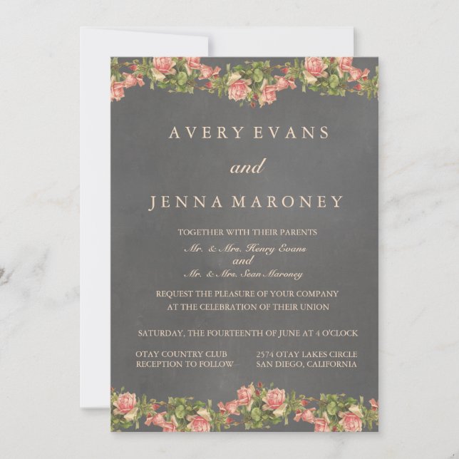 Vintage Chalkboard Pink Flower Wedding Invitation (Front)