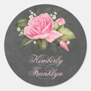Vintage Chalkboard Pink Rose Wedding Classic Round Sticker