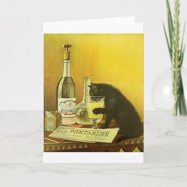 Vintage Champagne Drinking Black Cat Note Card (Front)