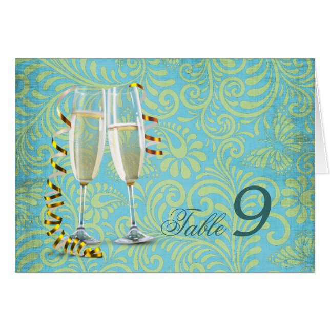 vintage champagne flutes teal gold damask wedding (Front Horizontal)