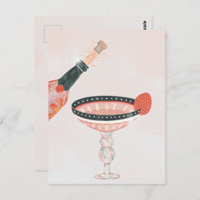 Vintage champagne glass and bottle birthday party postcard (Front/Back)