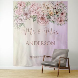 Vintage Champagne Peony Wedding Backdrop Tapestry