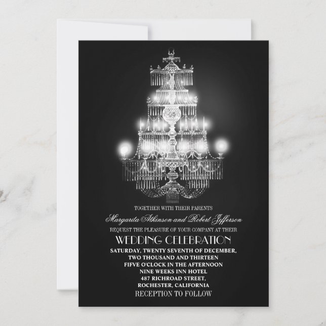 vintage chandelier black wedding invitations (Front)