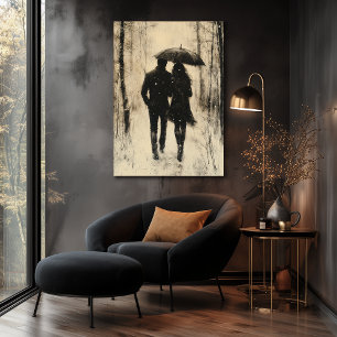 Vintage Charcoal Couple in Snowy Forest Poster